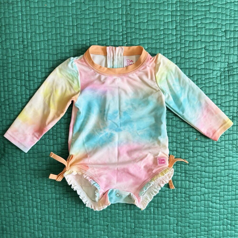 Ruffle Butts swimsuit 6-12 Months Pink Rainbow Long Sleeve UPF 50+ Rash Guard